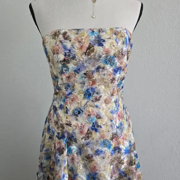 Alice + Olivia Strapless Floral Gown Dress Sz 4 Metallic Formal Evening Wedding - Picture 2 of 14